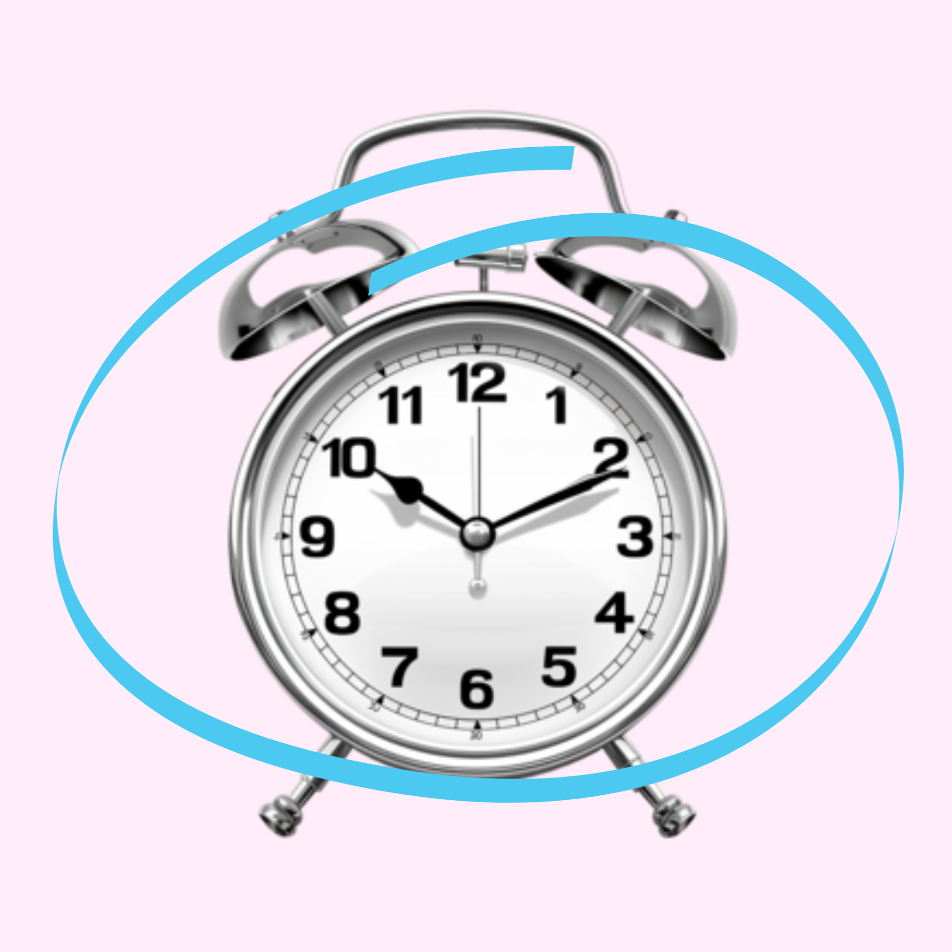 Silver alarm clock with blue swirl lines around it, suggesting motion or ringing