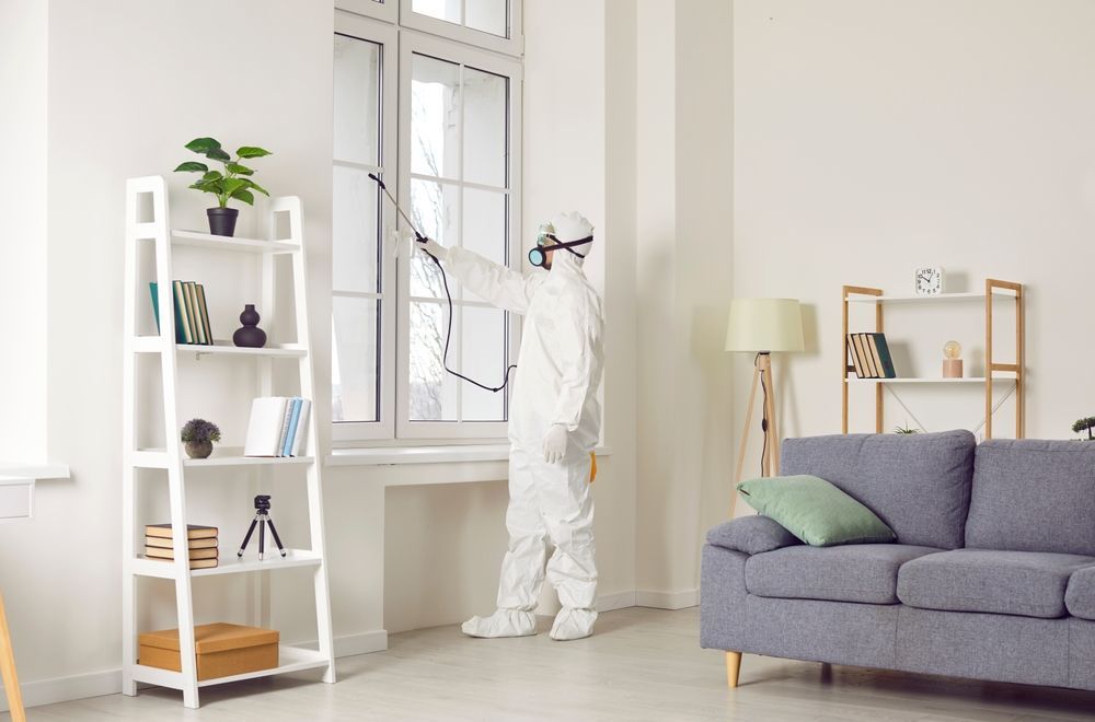 A man in a protective suit is spraying a window in a living room.