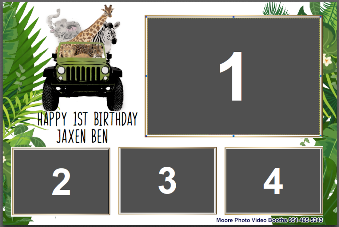 Jungle-themed photo collage for a 1st birthday. Shows a jeep with animals and four photo boxes labeled 1, 2, 3, and 4.
