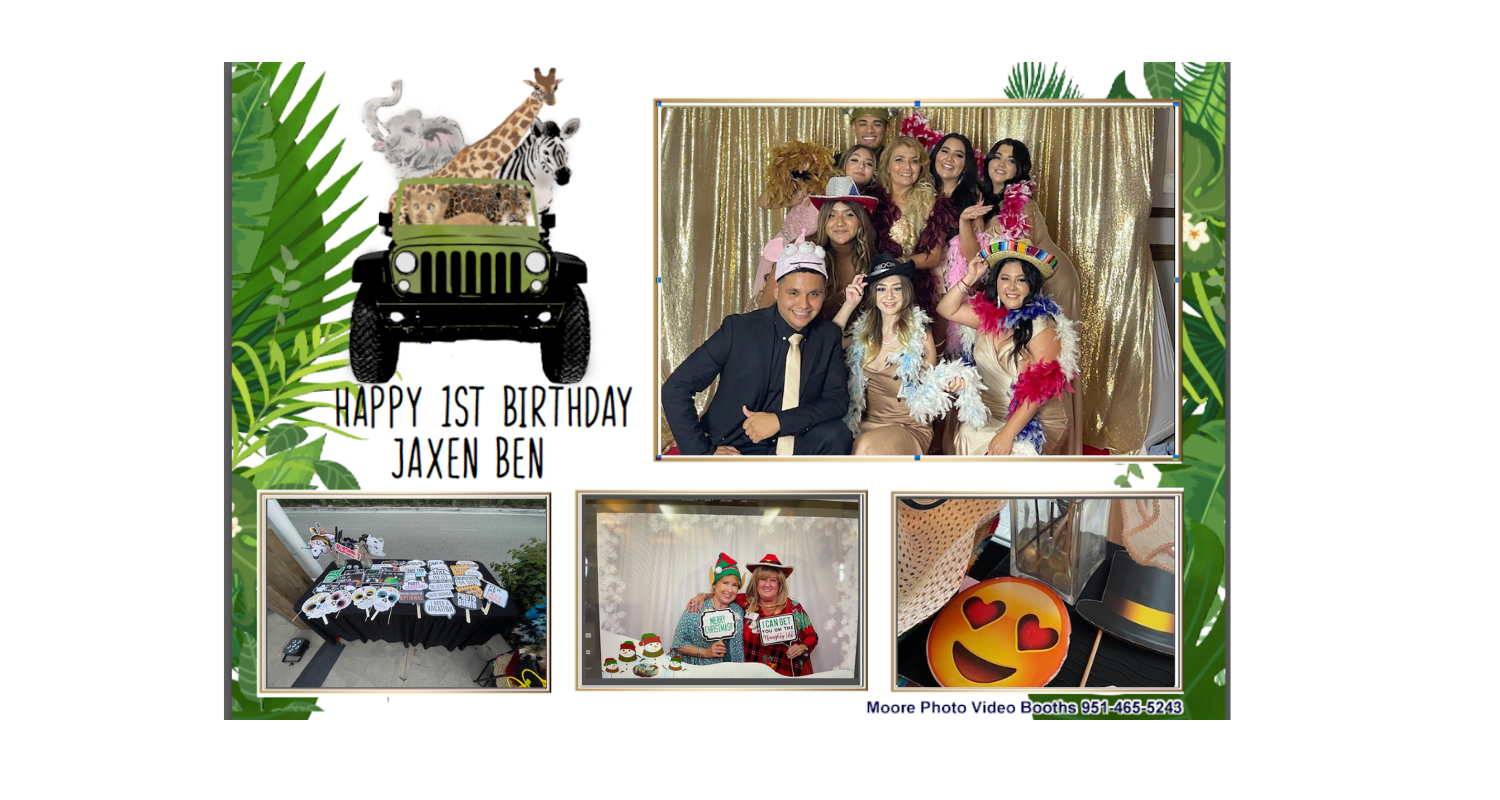 A photo collage for Jaxen Ben's 1st birthday. Includes a jeep with animals, group photo with gold backdrop, and other party details.
