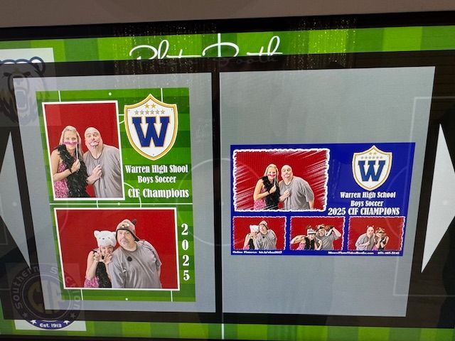 Two photo strips, red and green backgrounds, with a 