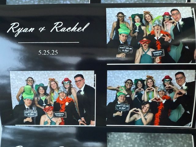 Photo strip with four snapshots from Ryan and Rachel's event on 5.25.25. People pose with props, including hats and masks.