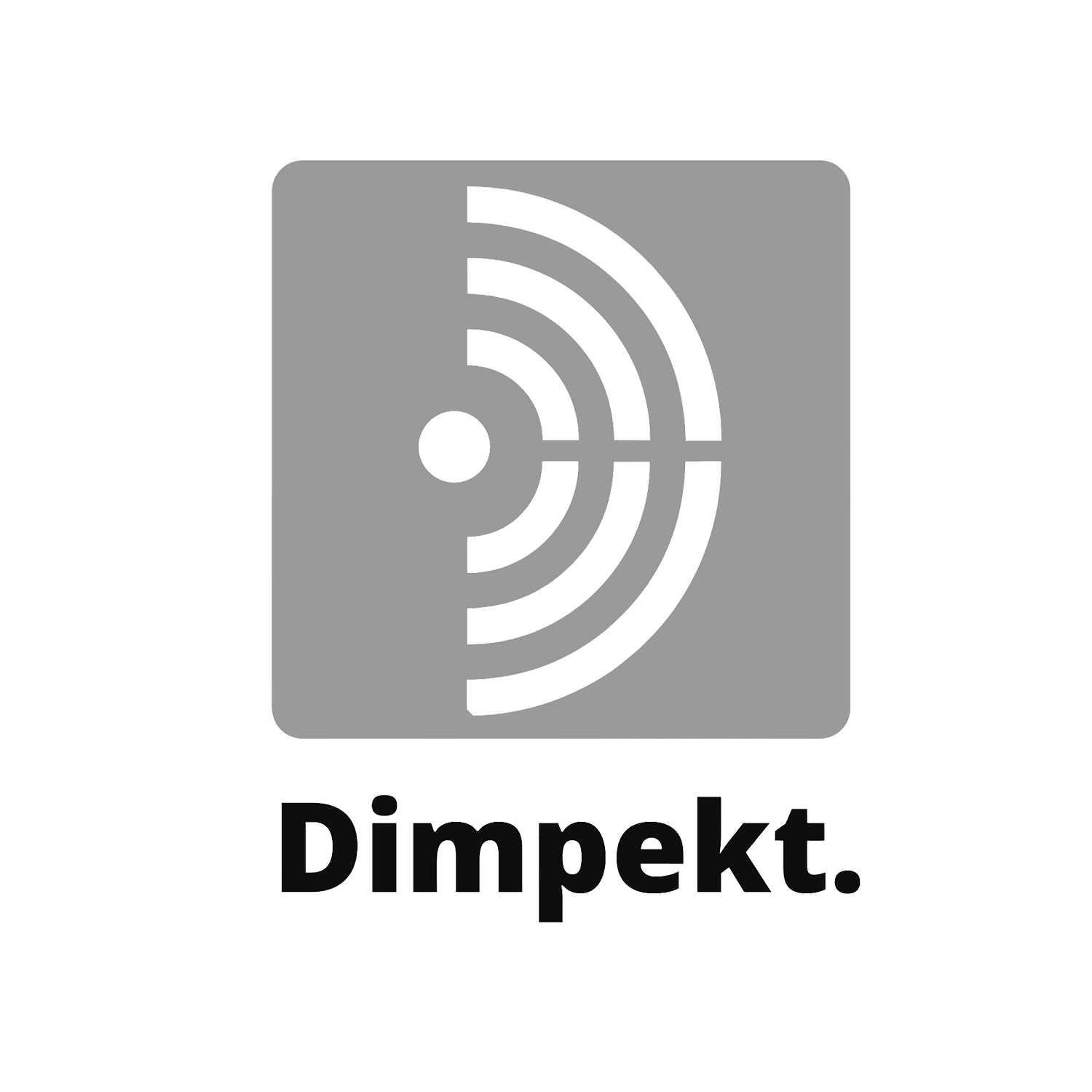Grijs vierkant met een witte halve cirkel waaruit lijnen stralen en een stip, met daaronder het woord
