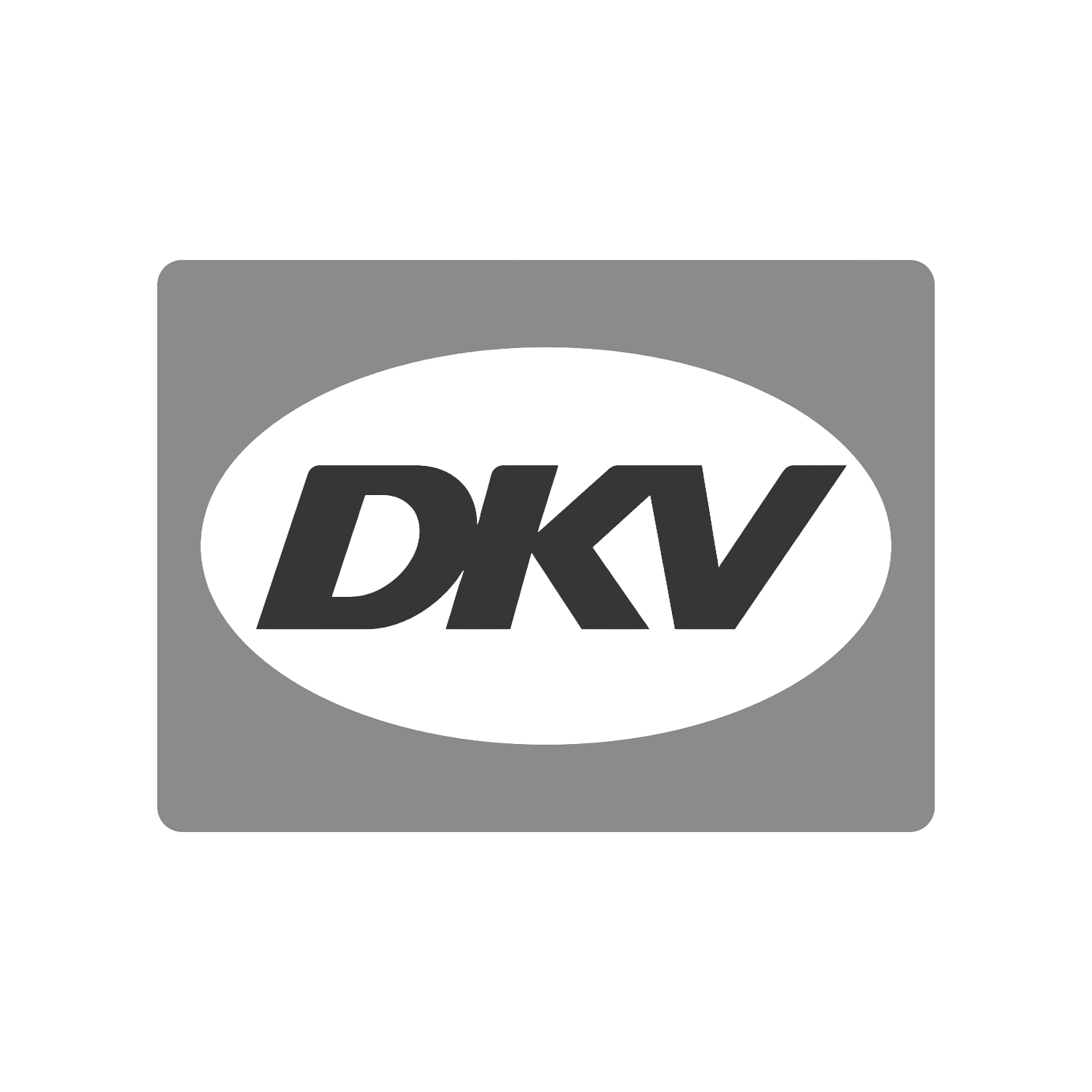 Het DKV-logo in zwarte tekst op een witte ovale achtergrond, geplaatst in een grijze rechthoek.