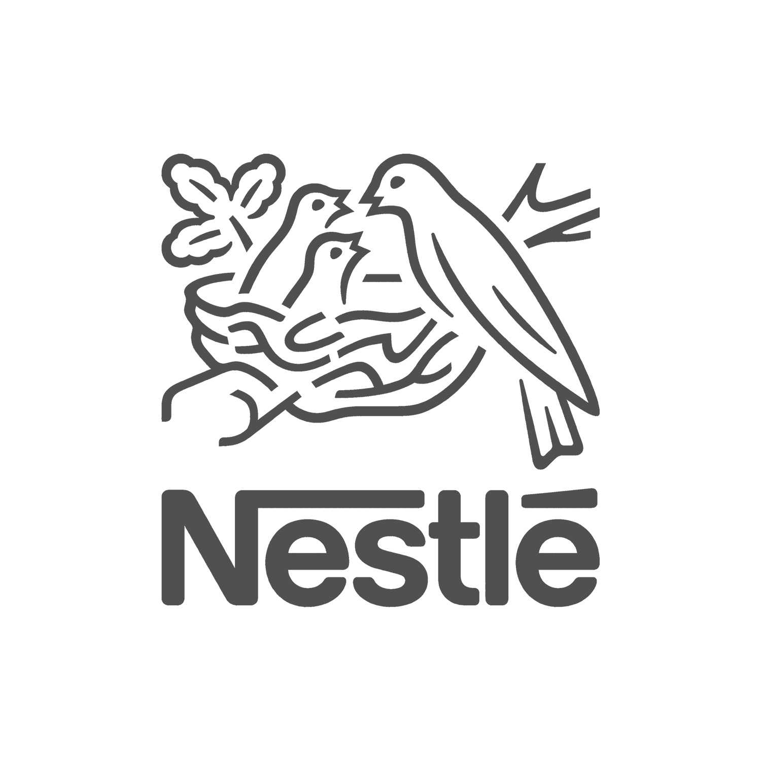 Nestlé-logo: Een vogel die kuikens voedt in een nest, met daaronder de bedrijfsnaam.