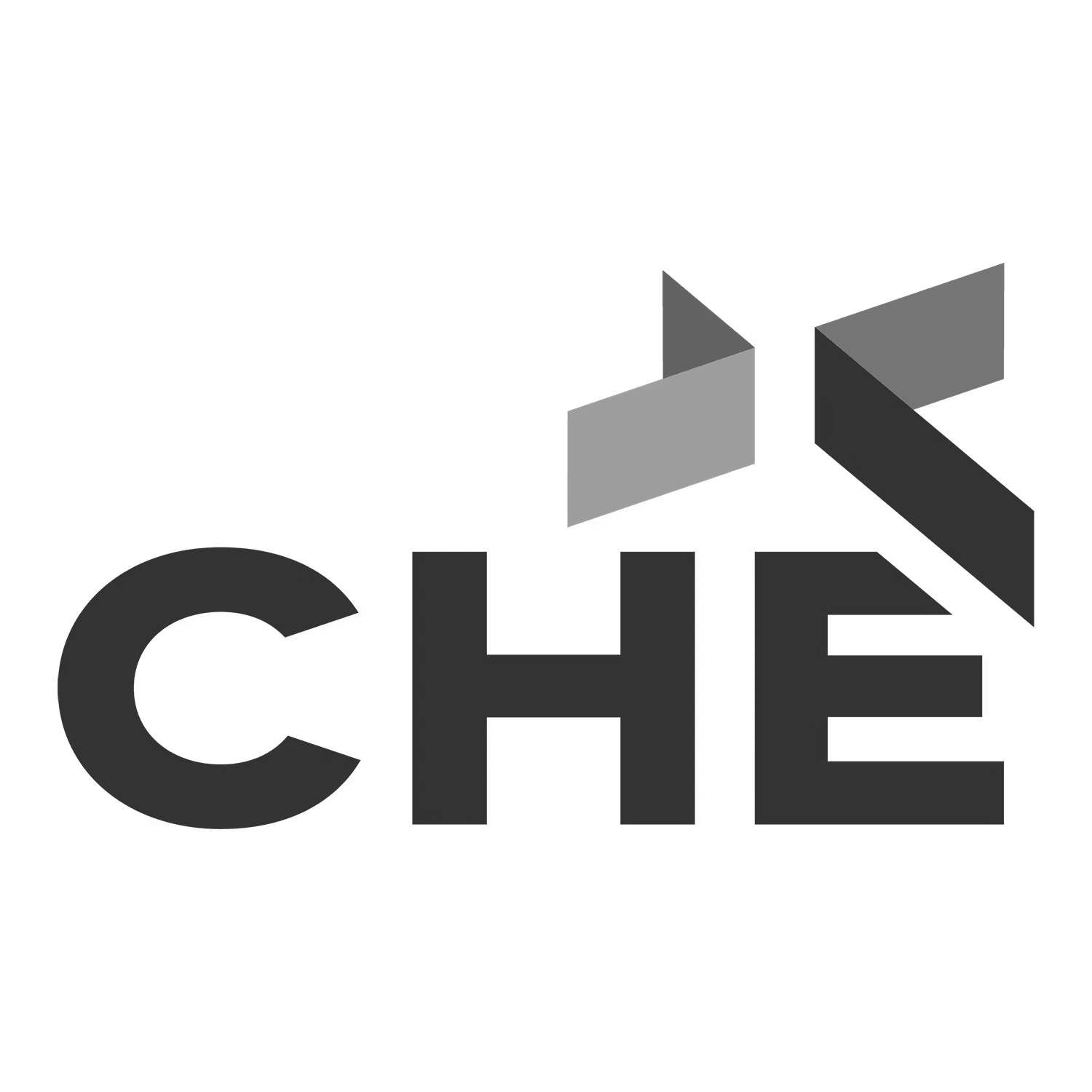 CHE-logo met een grijs, lintachtig ontwerp boven de