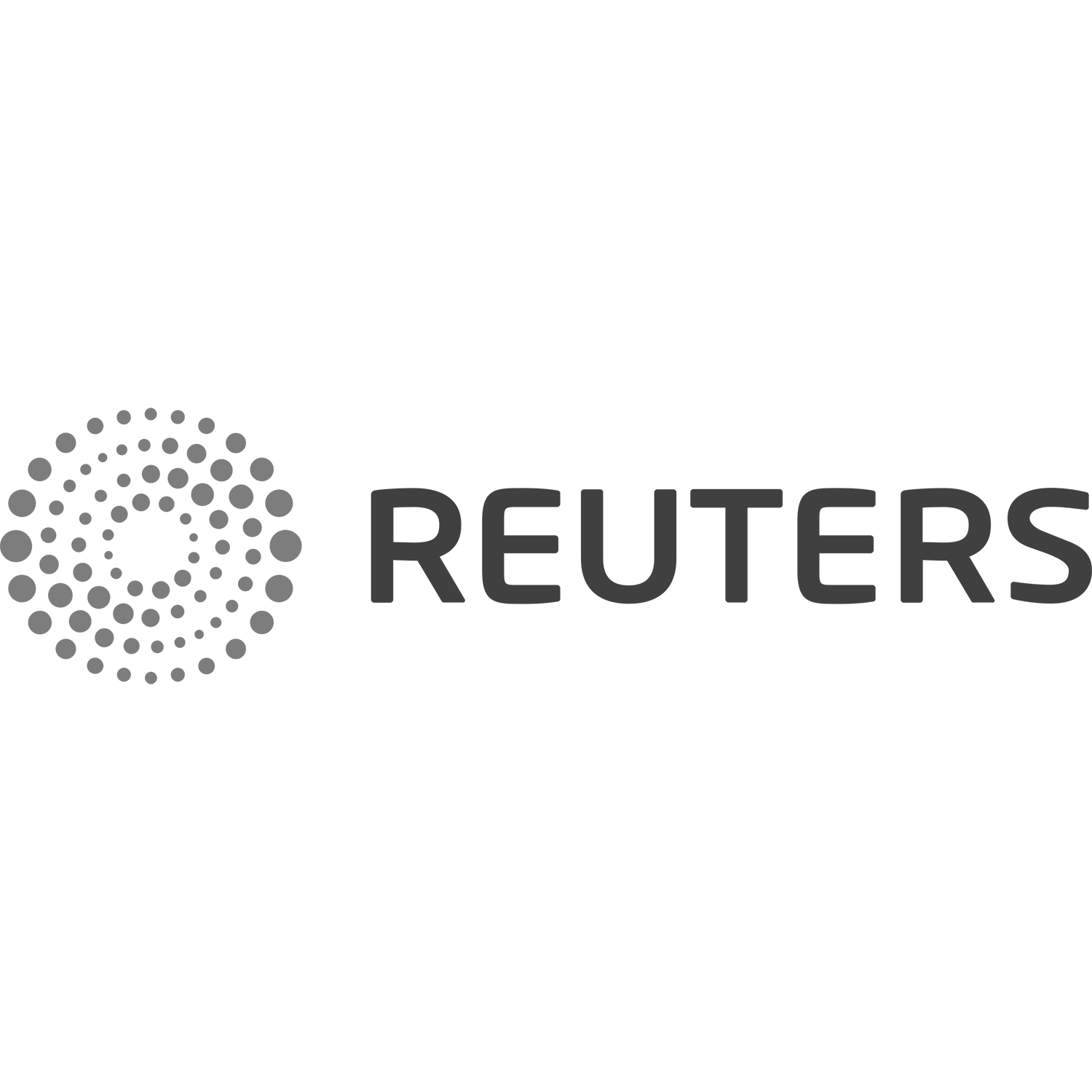 Het Reuters-logo: een gestileerd cirkelvormig ontwerp van stippen en de naam