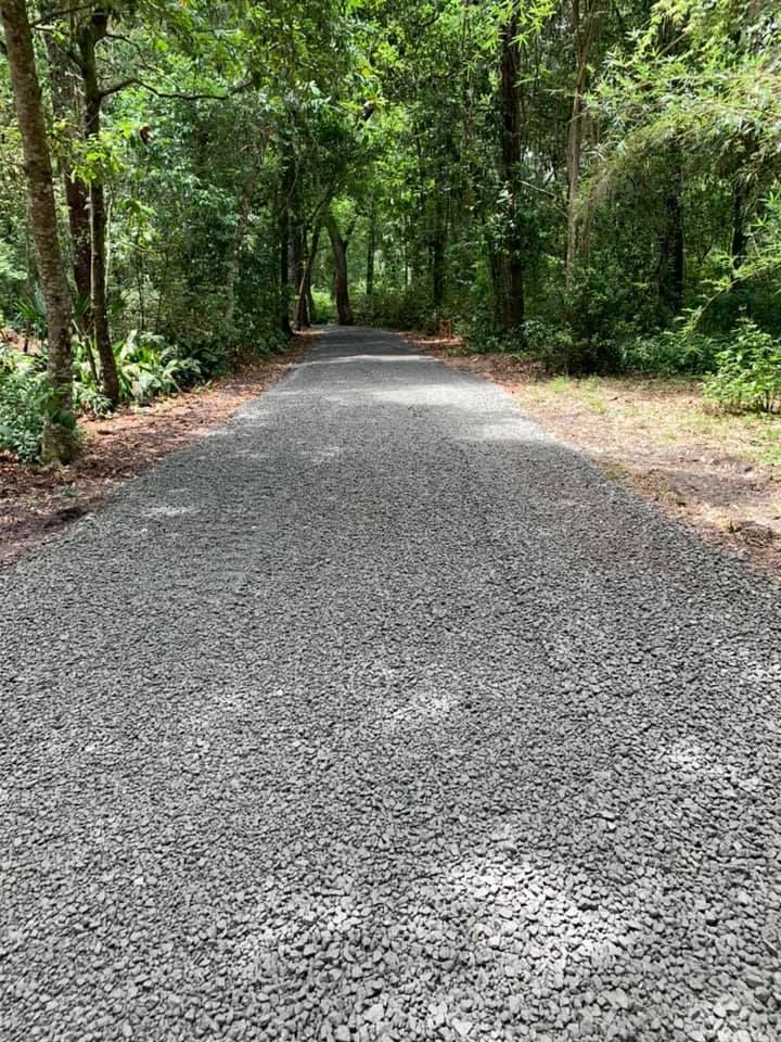 Gravel path through a shaded forest, leading into the distance. Lush green trees line both sides.
