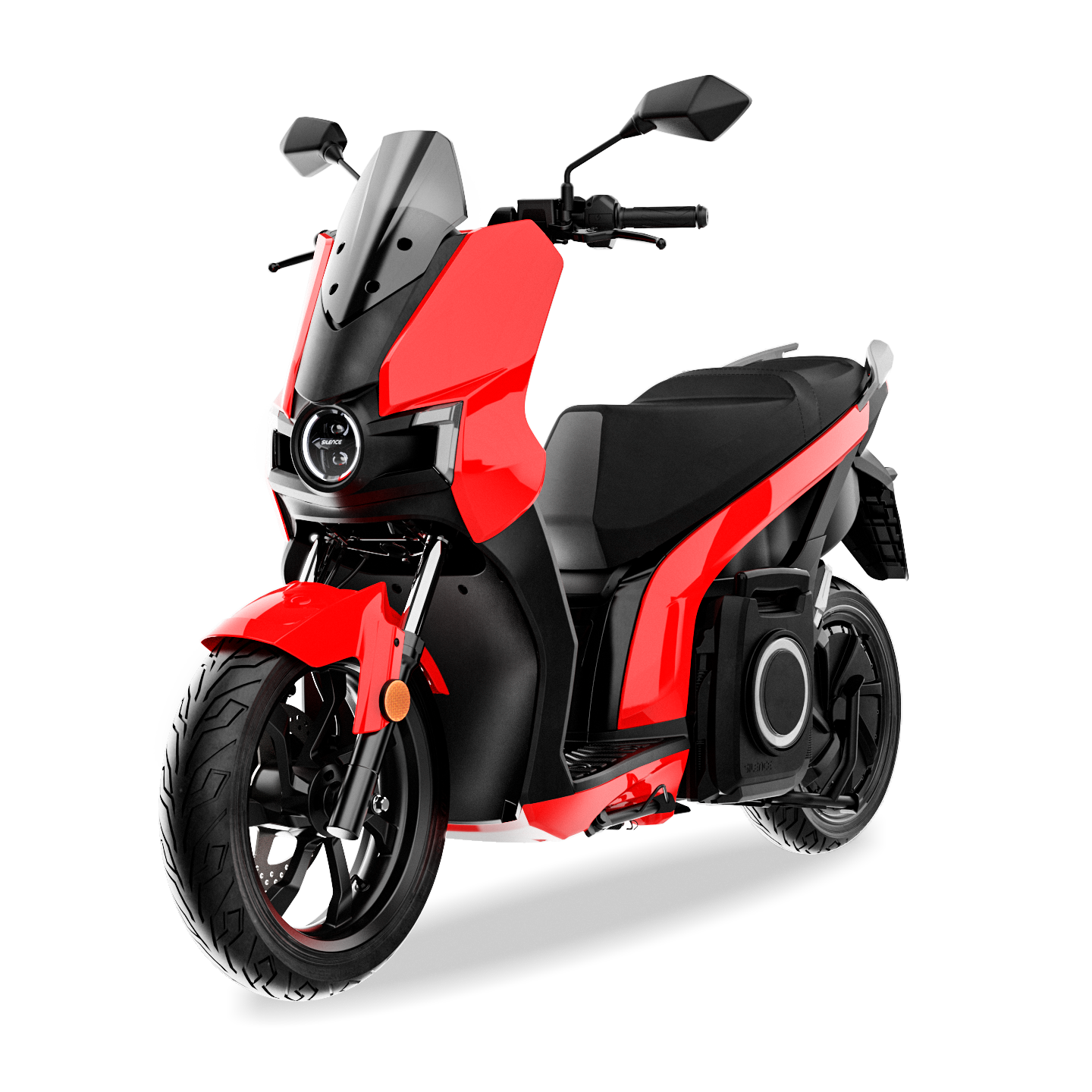 Uno scooter rosso e nero su uno sfondo bianco.