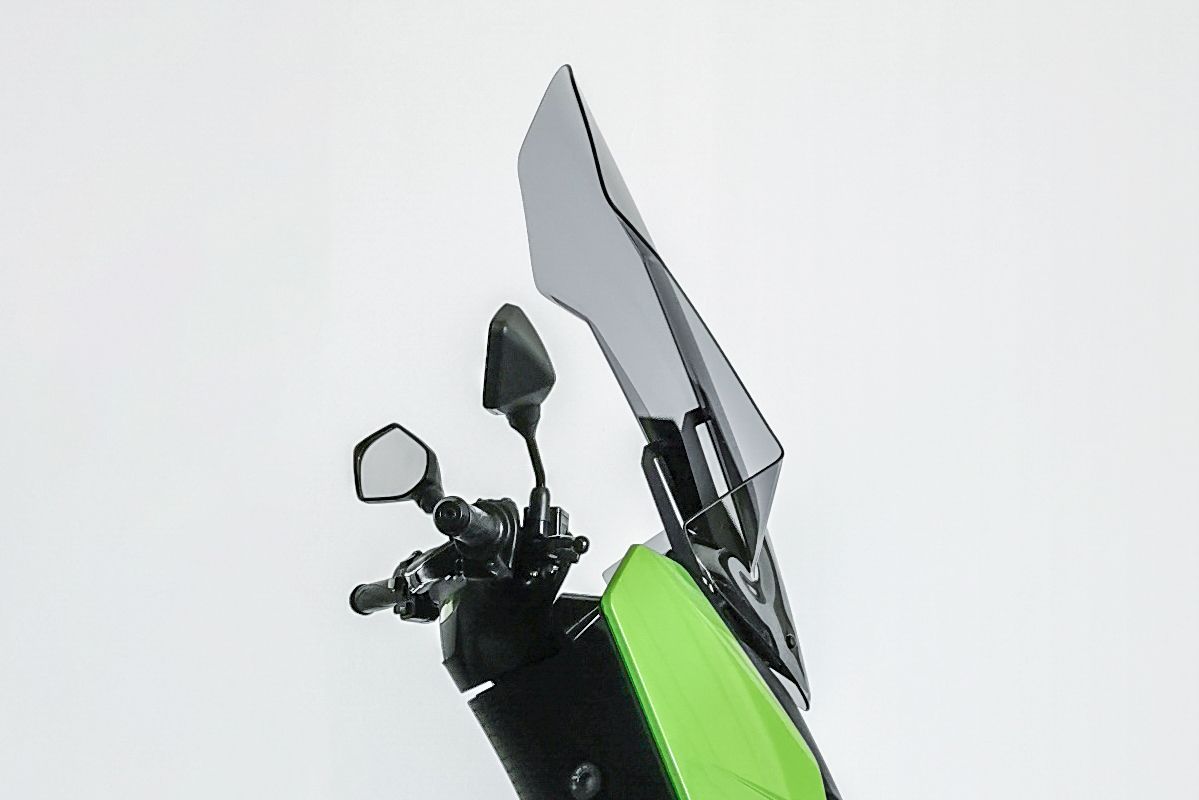 Una motocicletta verde con parabrezza e specchietti su uno sfondo bianco.