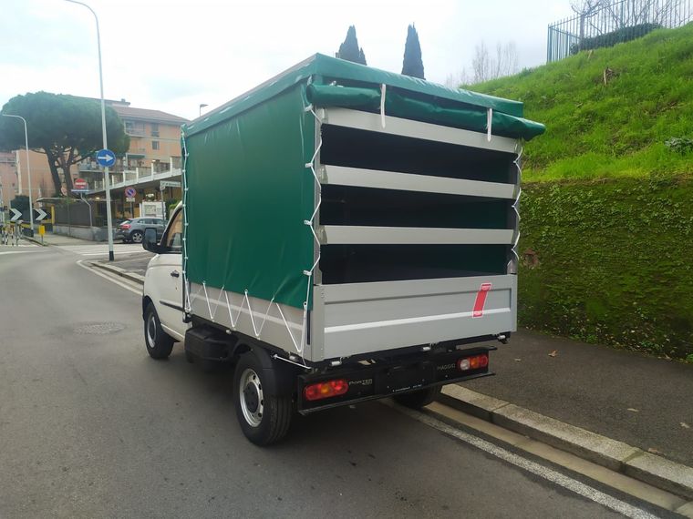 Un camion bianco con una tettoia verde è parcheggiato sul ciglio della strada.