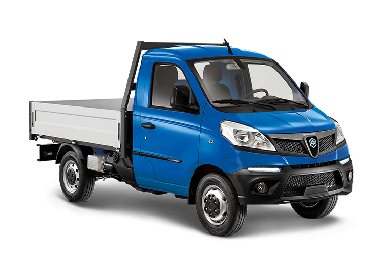 Un camion blu con un cassone bianco su uno sfondo bianco.