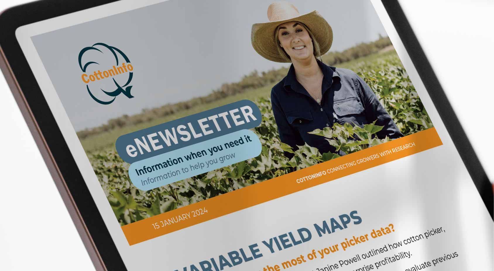 Newsletter webpage with a smiling woman in a hat and headline about variable yield maps