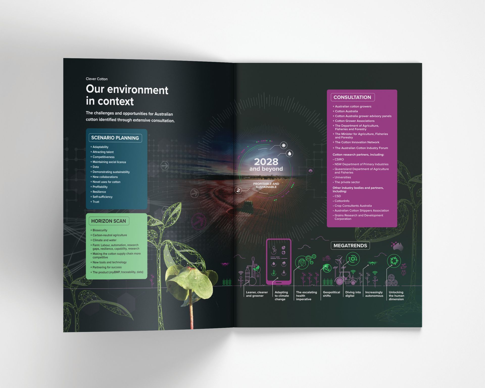 Dark infographic about environment, with colorful text boxes, charts, and a central glowing globe.