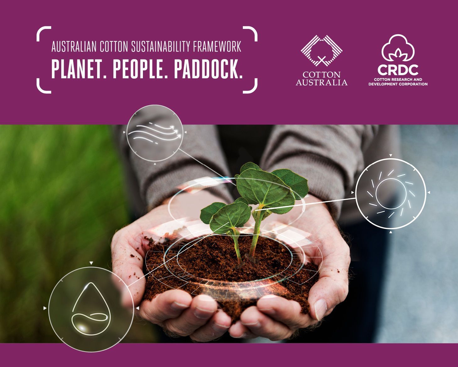 Hands holding soil and a seedling, with eco-themed graphics and the text