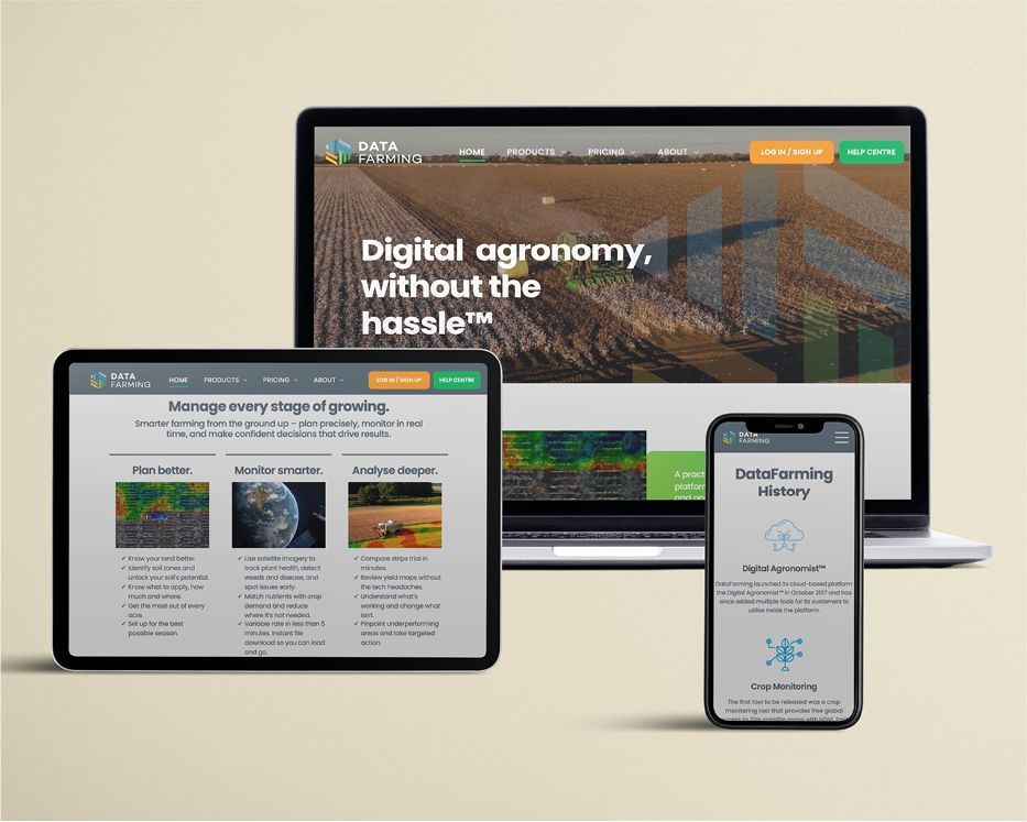 Responsive website displayed on laptop, tablet, and phone against a beige background
