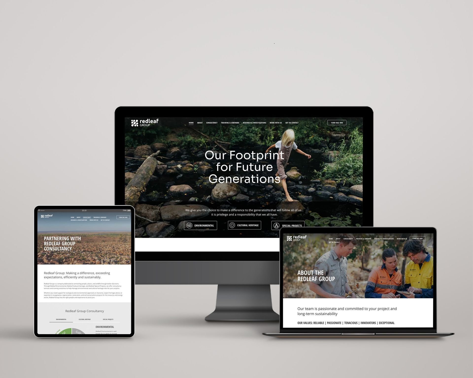 Three-device website mockup on desktop, tablet, and laptop with nature and outdoor imagery.
