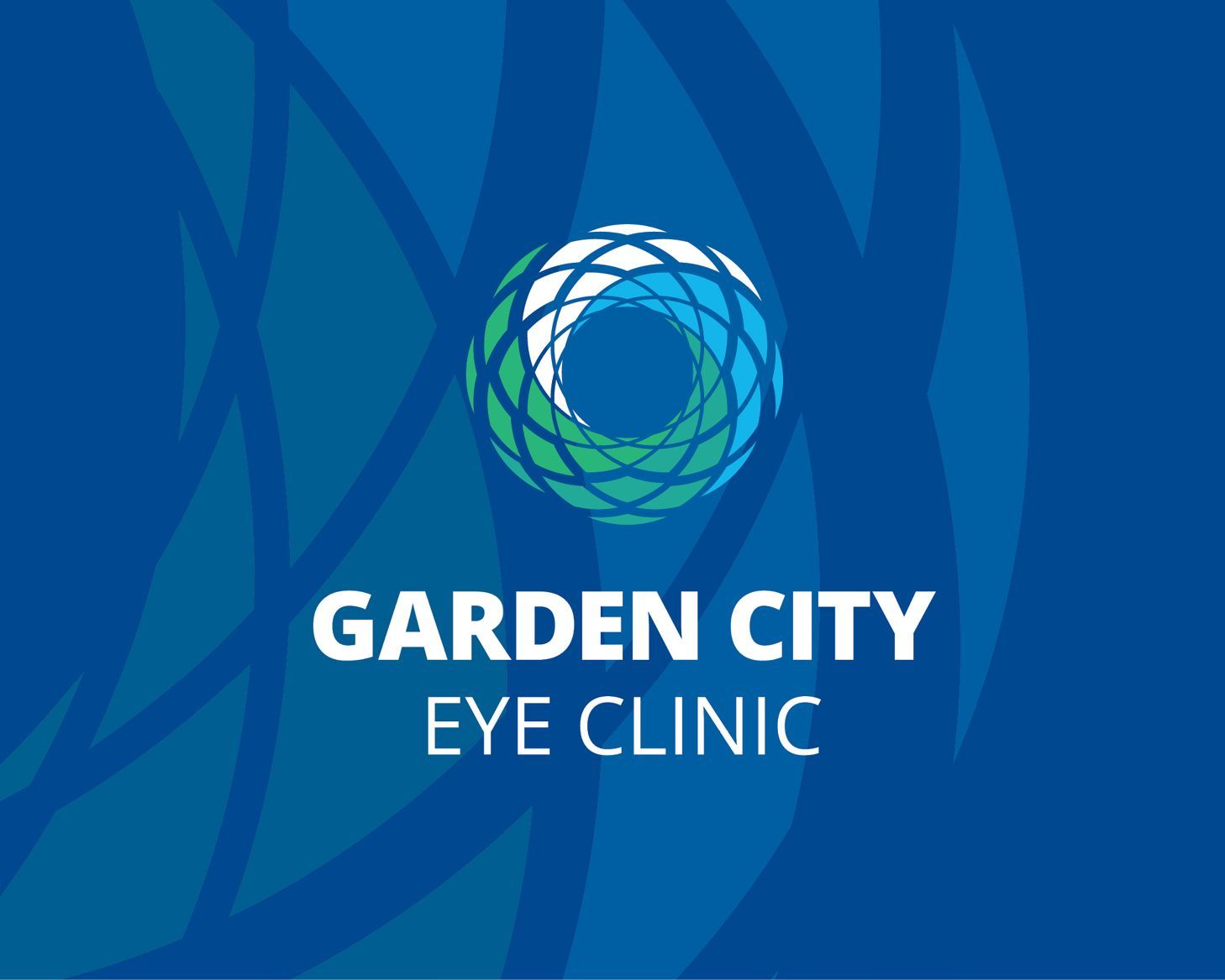Garden City Eye Clinic logo on blue background with green-and-white circular emblem