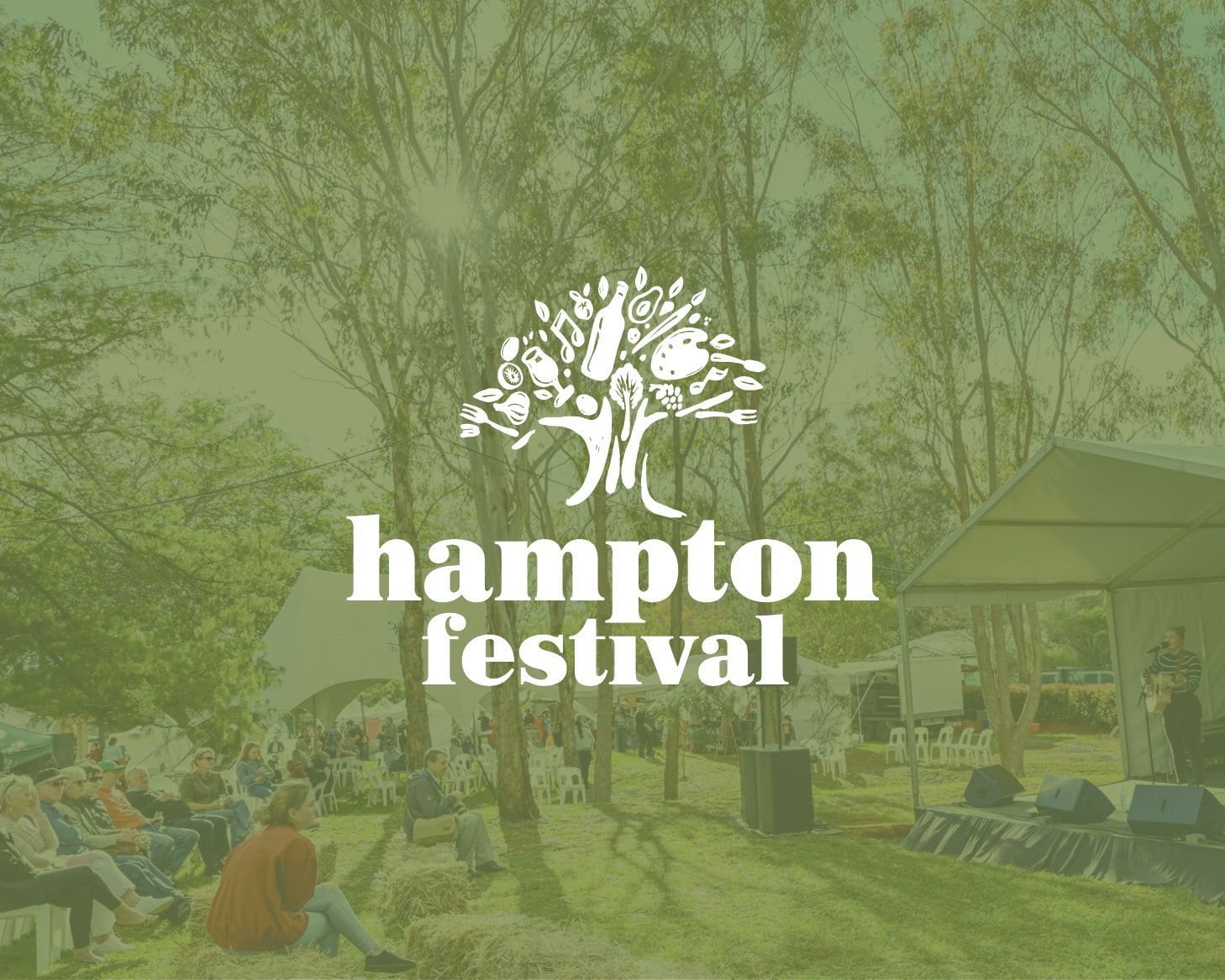 Hampton Festival logo over a green-tinted outdoor park scene with tents and seated attendees