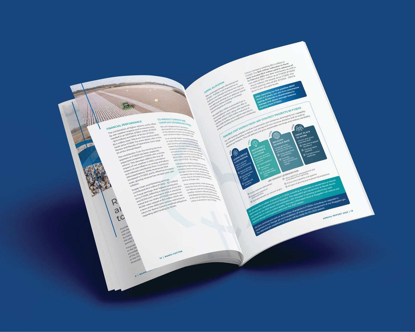 Open book with teal charts and text on a blue background
