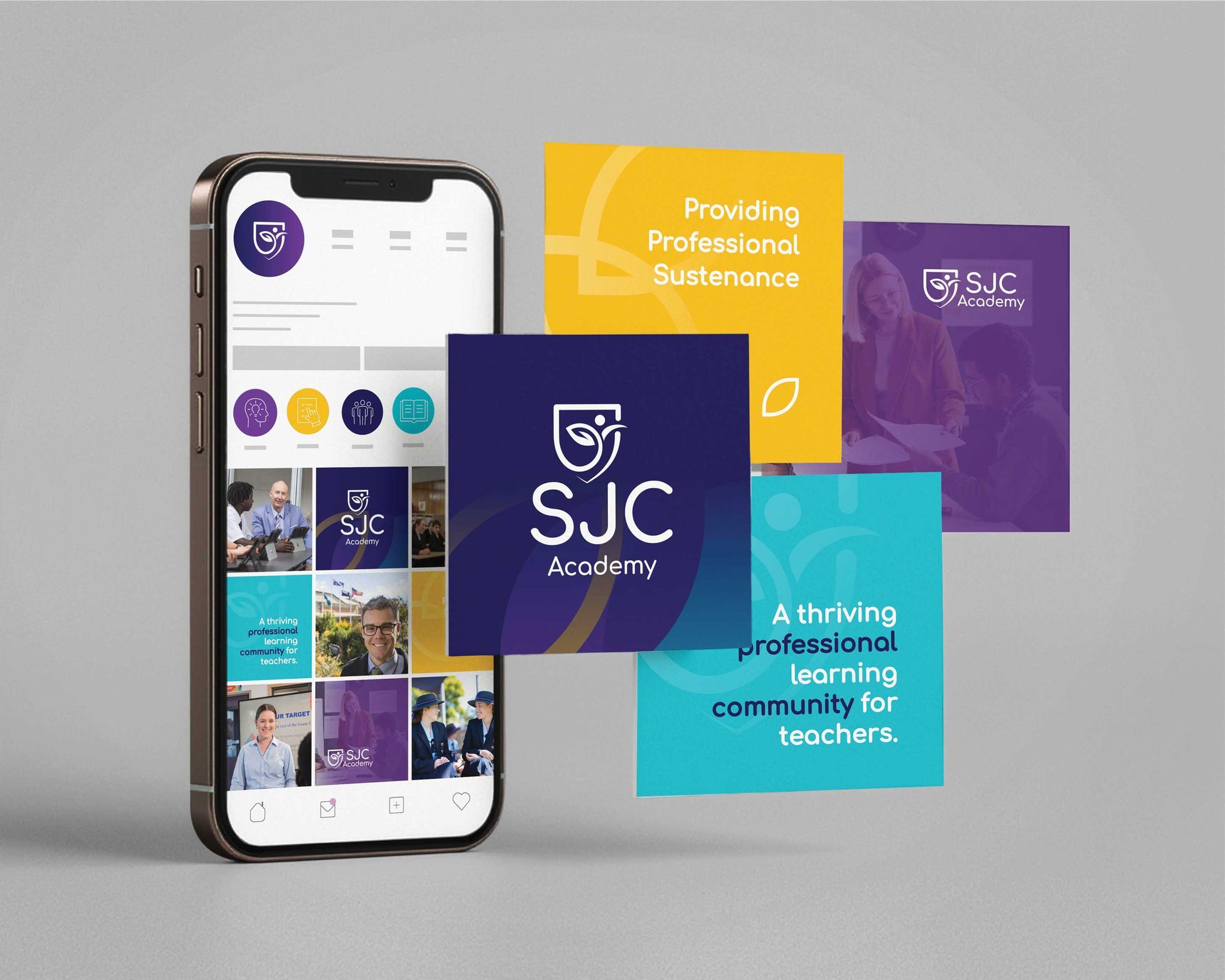 SJC Academy app and marketing flyers in purple, cyan, and gold on a gray background.