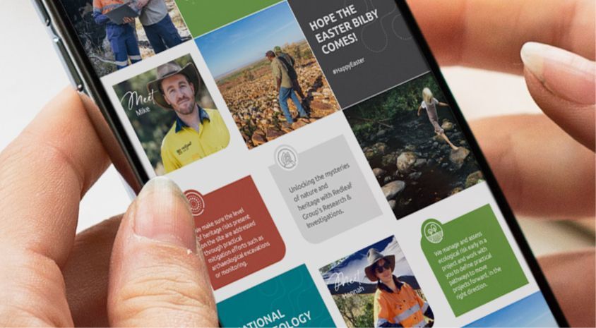 Hands holding a smartphone showing a colorful grid of travel photos and text tiles