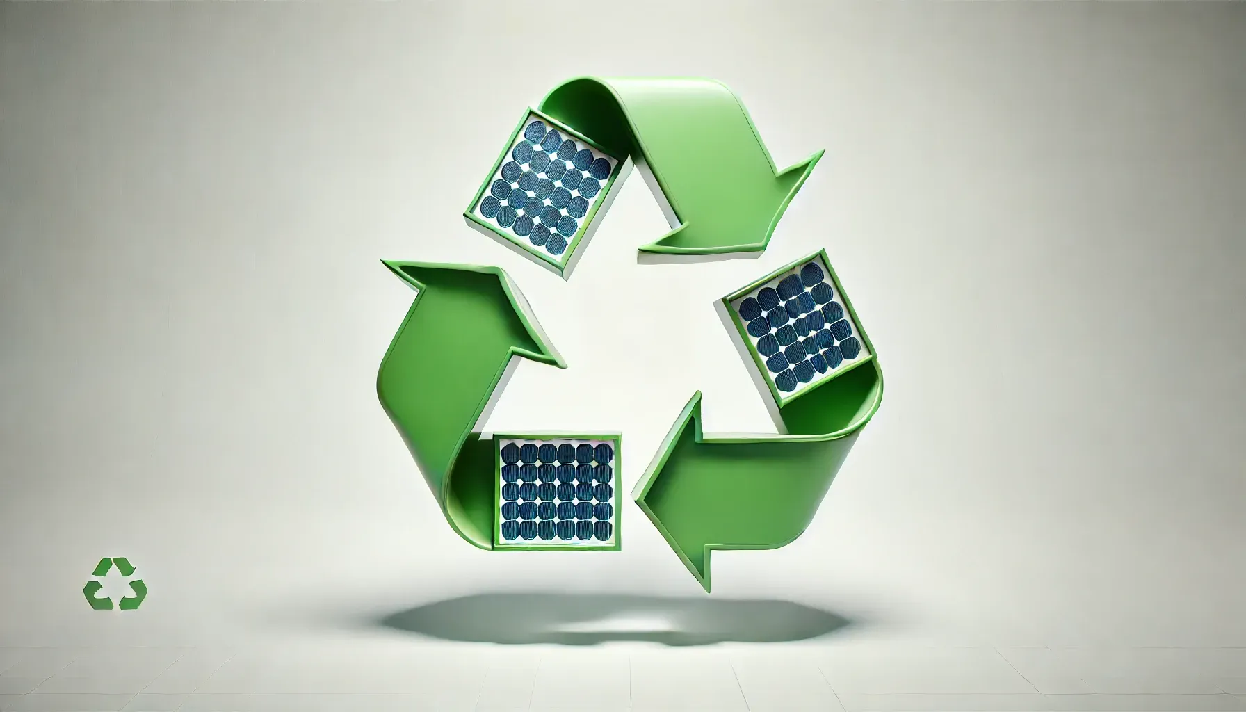 Close-up of a solar panel with a recycling symbol overlay, representing solar panel recycling.