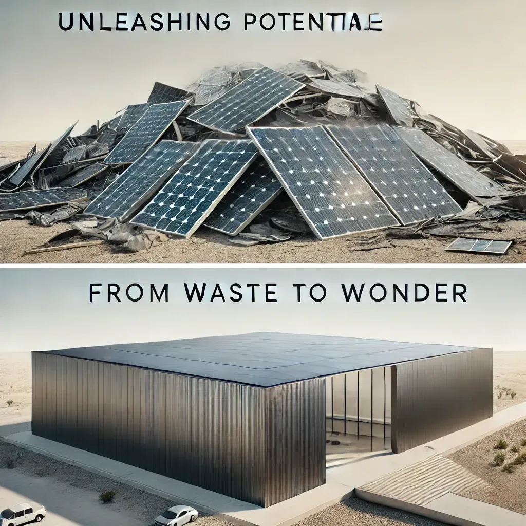 Split image: at the top, discarded solar panels; at the bottom, a house with installed solar panels.