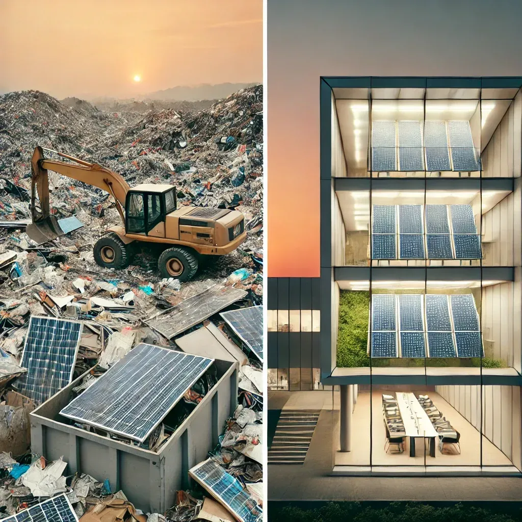 A pile of discarded solar panels; and, a residential house with functioning solar panels installed
