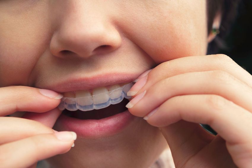 woman is putting a clear aligner brace on her teeth 