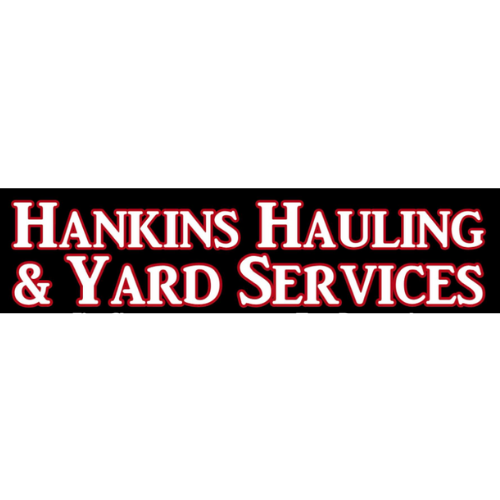 Hankins Hauling & Yard Services logo. Red text on a black rectangle. White border.