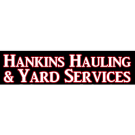 Hankins Hauling & Yard Services logo. Red text on a black rectangle. White border.