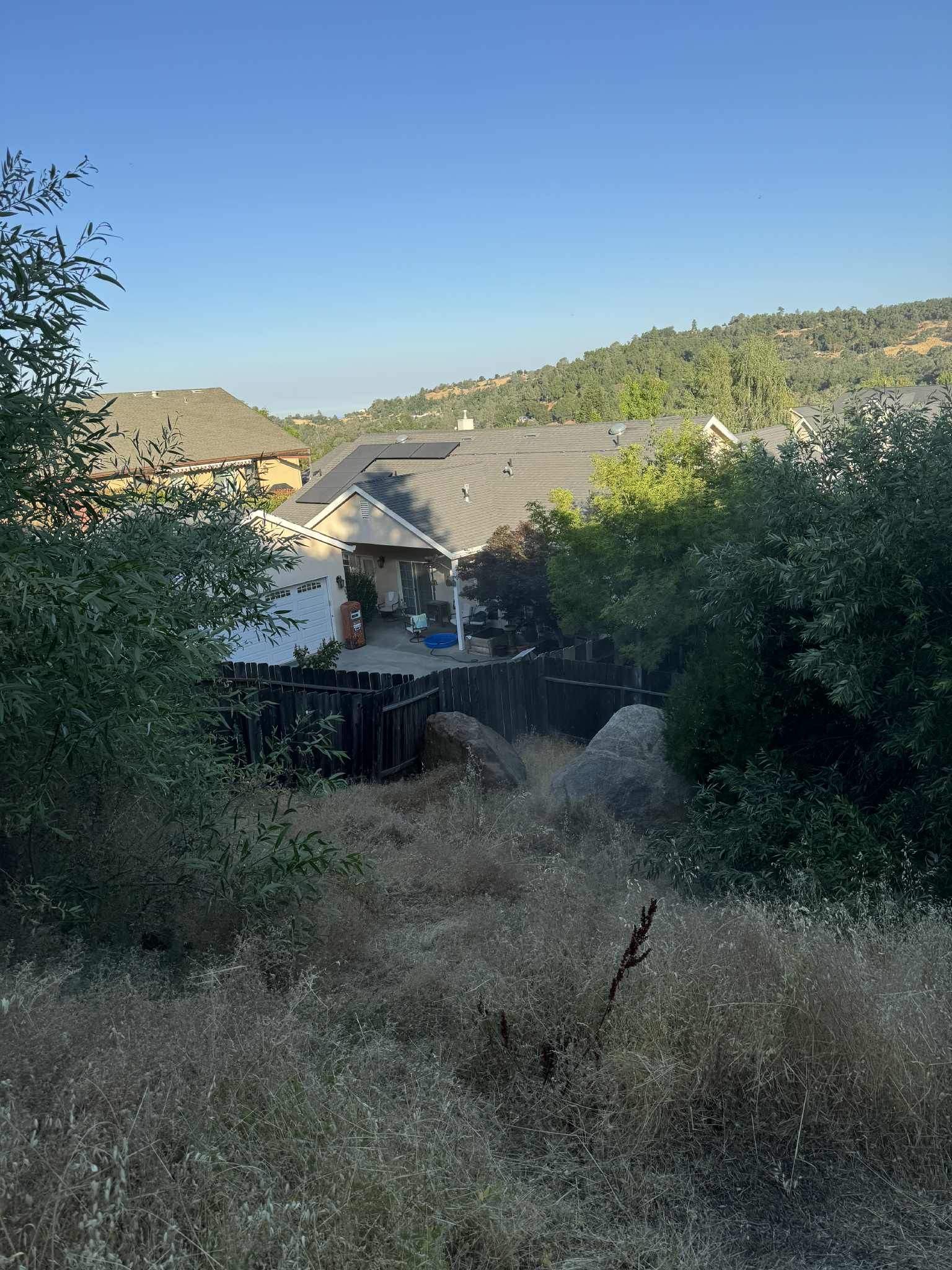 Grassy field with view of residential homes, trees, and hillside under a blue sky.