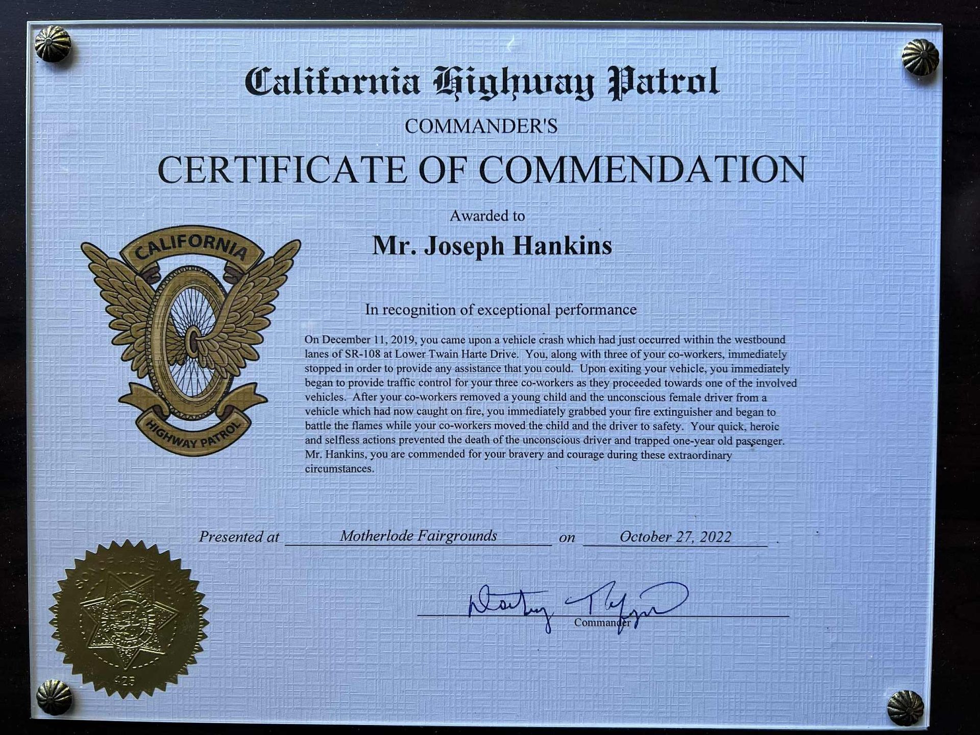 California Highway Patrol Certificate of Commendation for Mr. Joseph Hawkins, framed, with seal and signature.