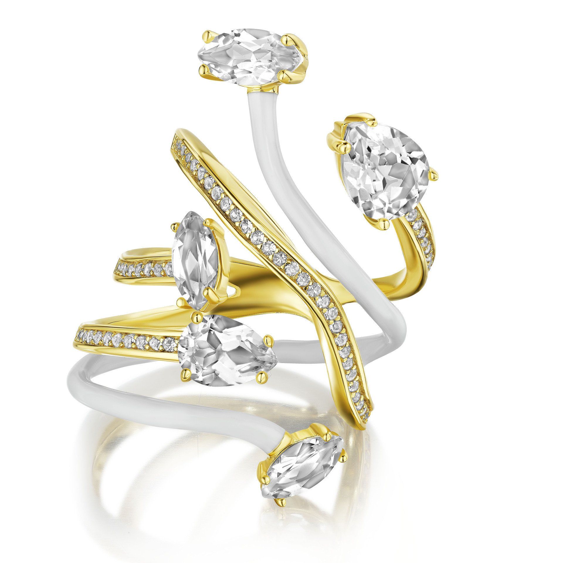 a gold and white ring with diamonds on a white background