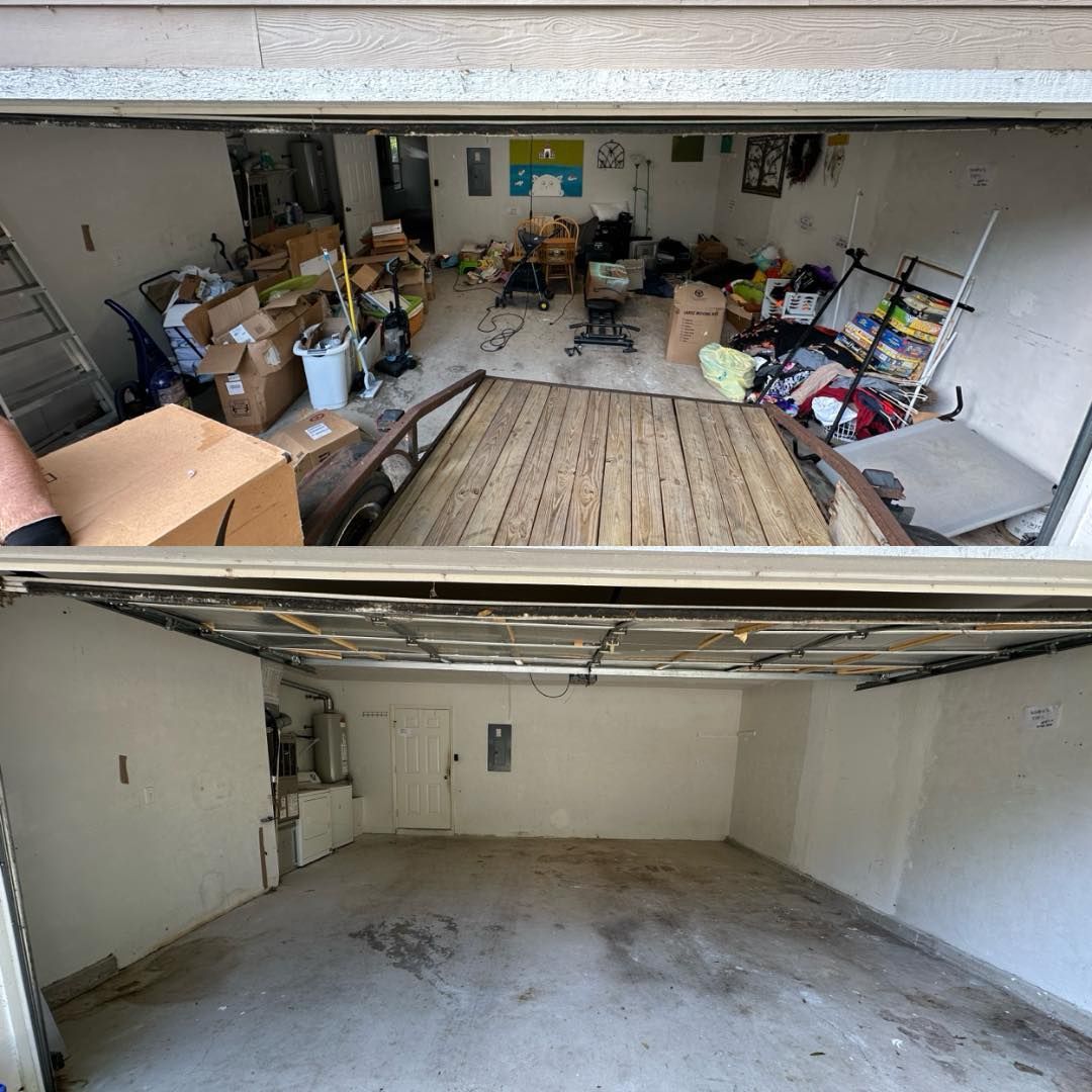 Top shows a cluttered garage, bottom shows the same garage, clean and empty.