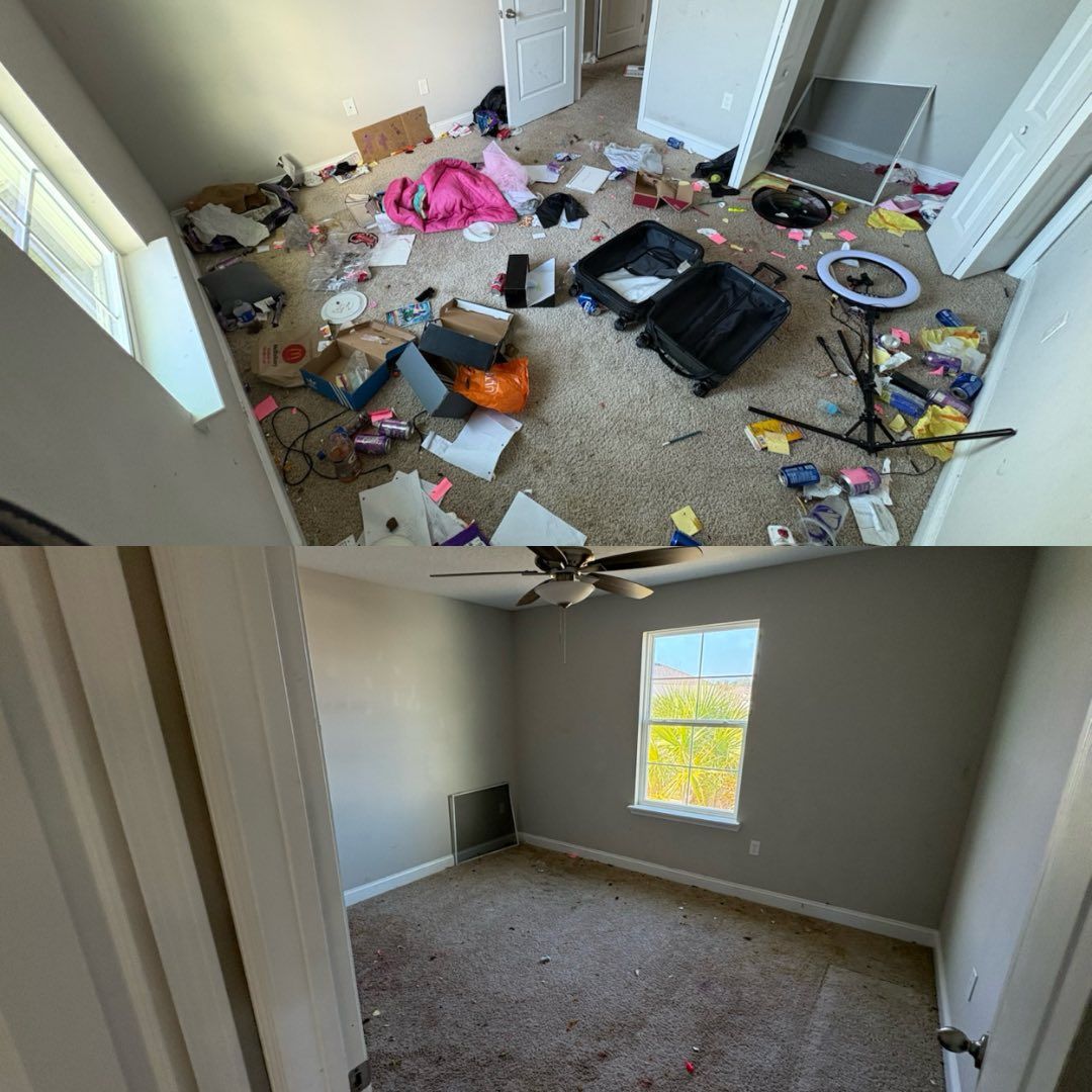 Top: Messy room with trash, clothes, and suitcase. Bottom: Clean room with empty floor and furniture.