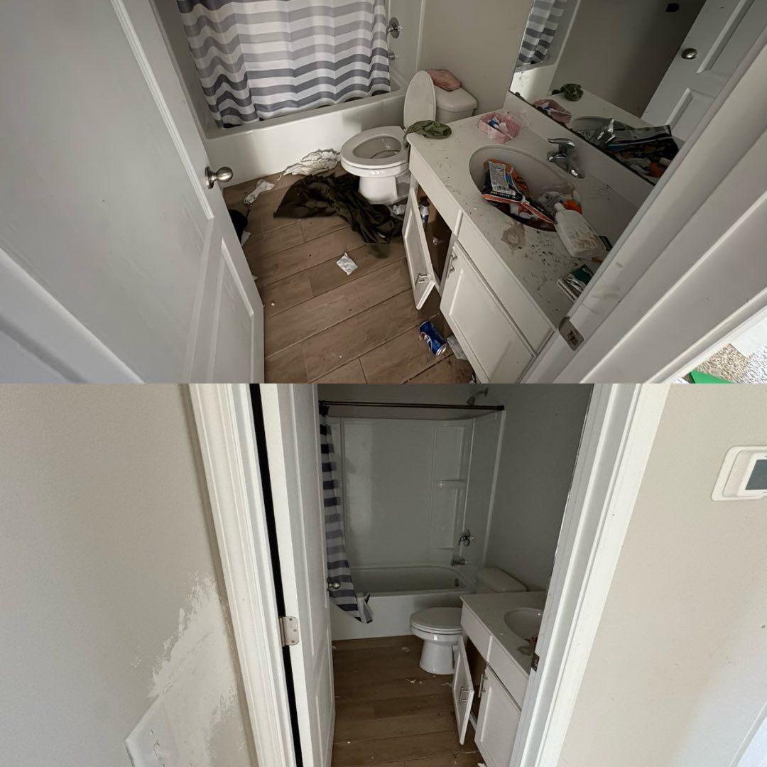 Bathroom before and after cleaning: dirty room with trash vs. a clean, empty room.