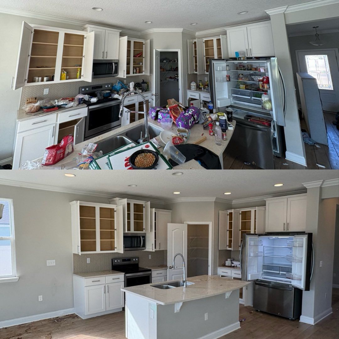 Before-and-after of a white kitchen. Top: messy with food, open cabinets. Bottom: Clean, organized, appliances visible.