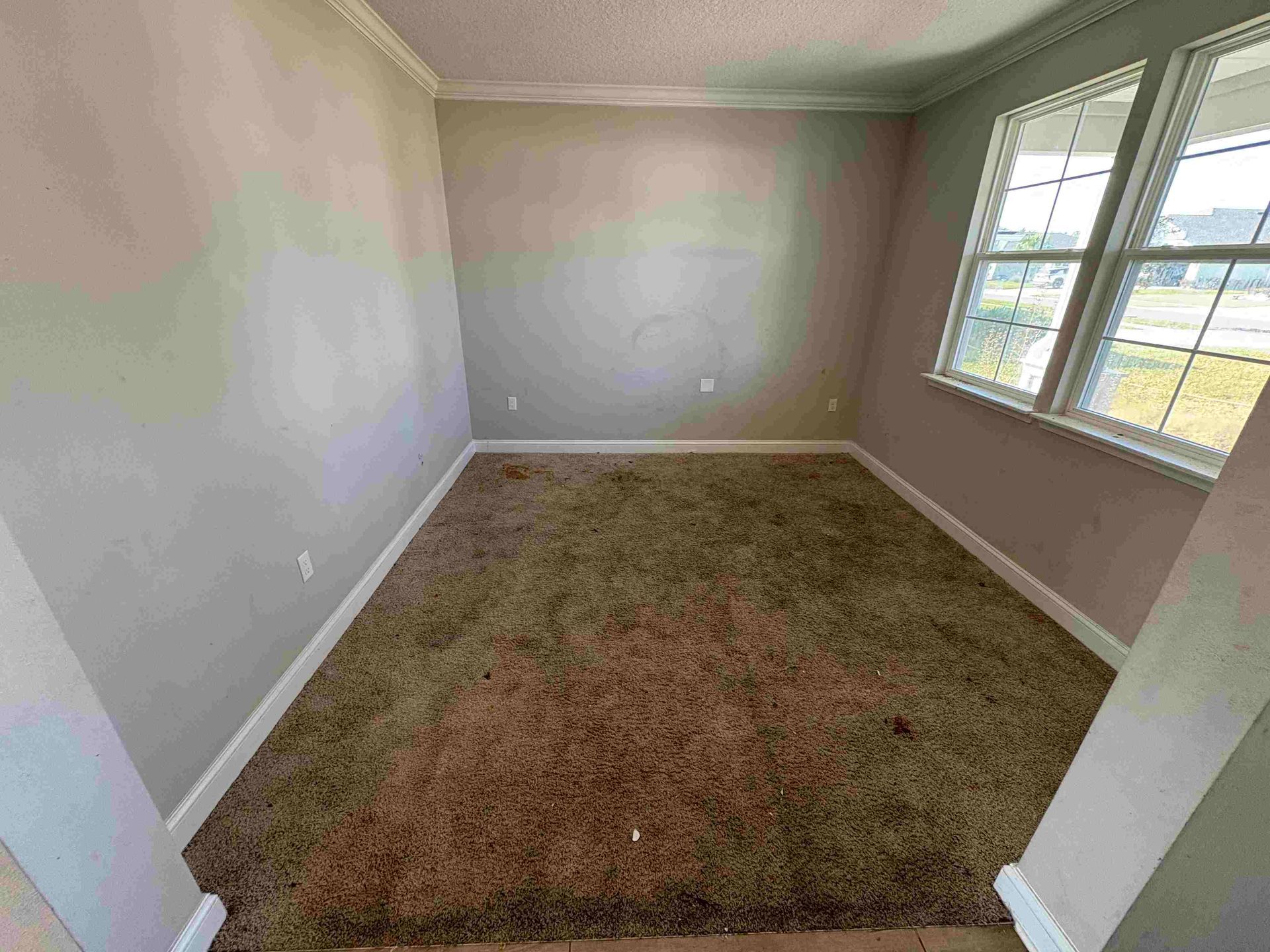 Empty room with dirty carpet, light gray walls, and a window.