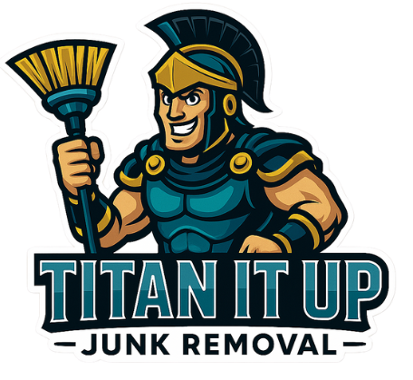 Spartan warrior holding a broom, the "Titan It Up - Junk Removal" logo.