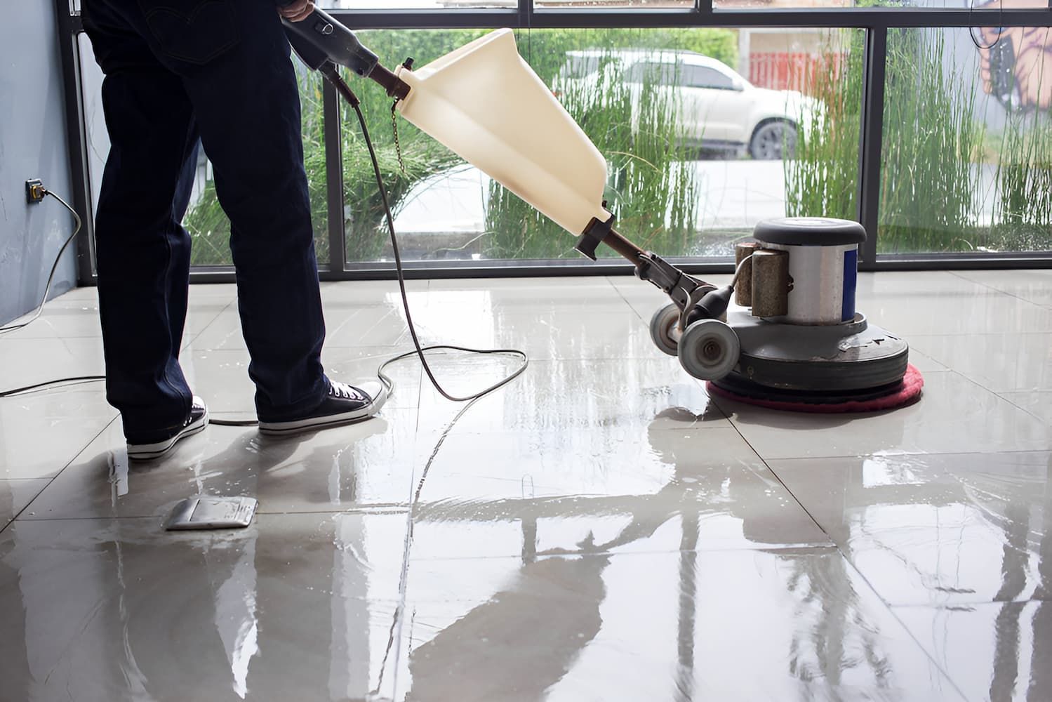 A Man is Cleaning a Tiled Floor With a Machine — First Choice Cleaning Services in Wodonga, VIC