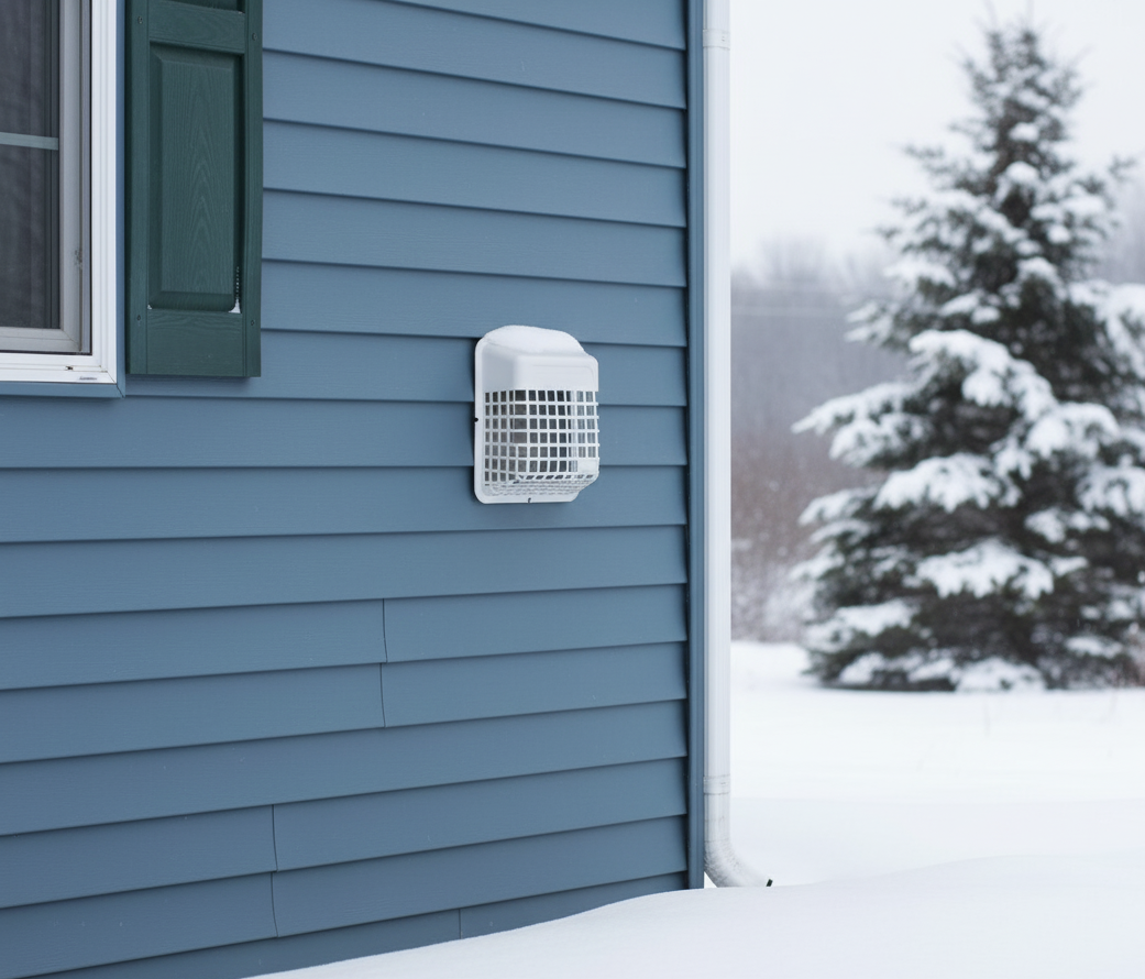 Blue house siding with square dryer vent cover in winter.