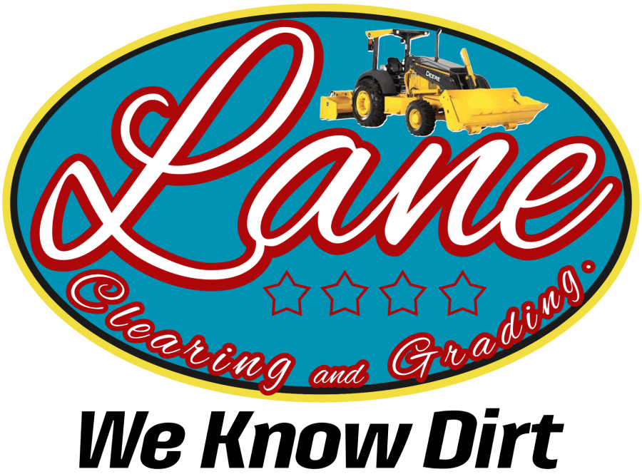 Logo for Lane Clearing and Grading featuring a yellow tractor on a blue oval with the slogan, "We Know Dirt."