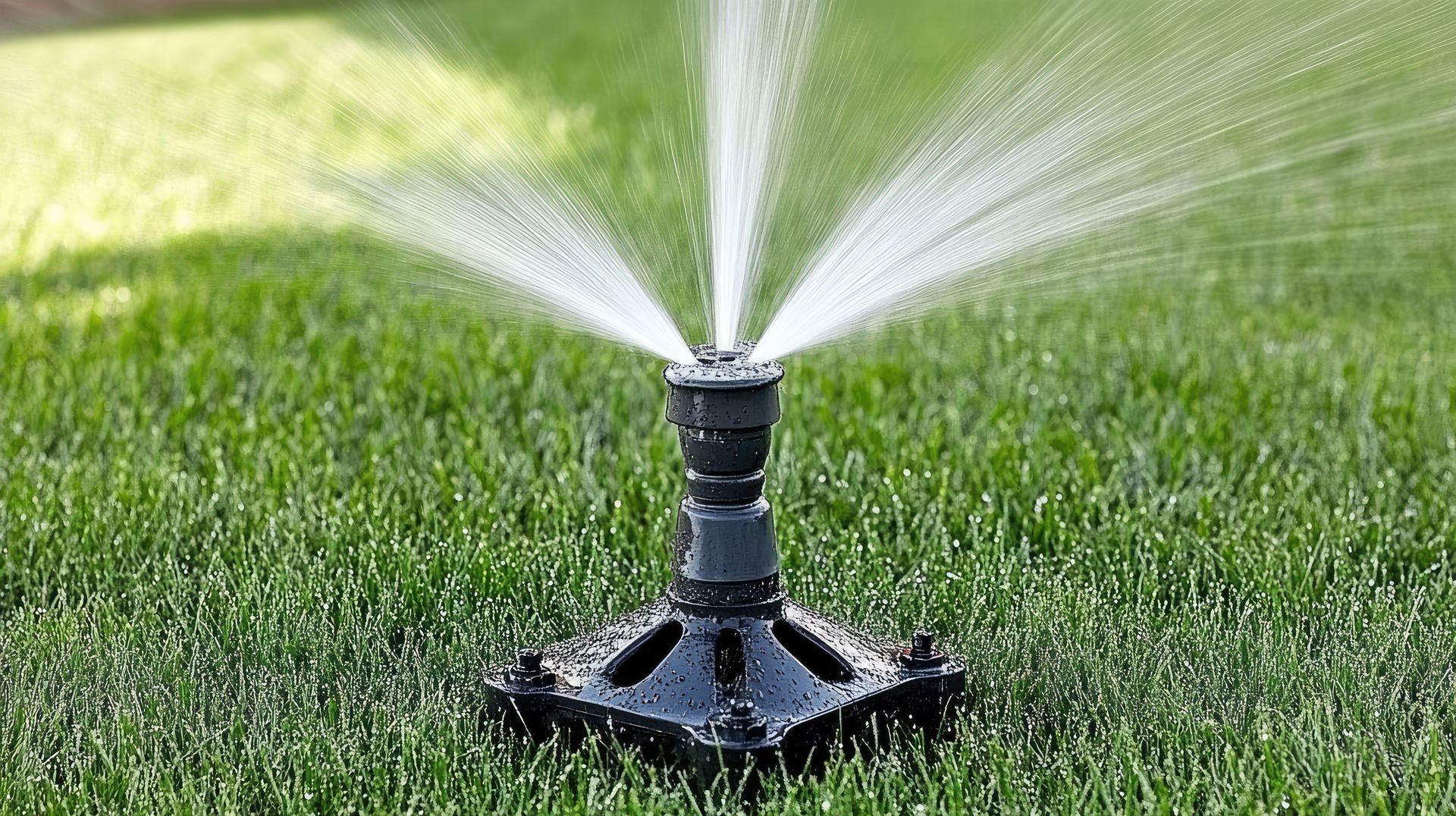 A sprinkler is spraying water on a lush green lawn.