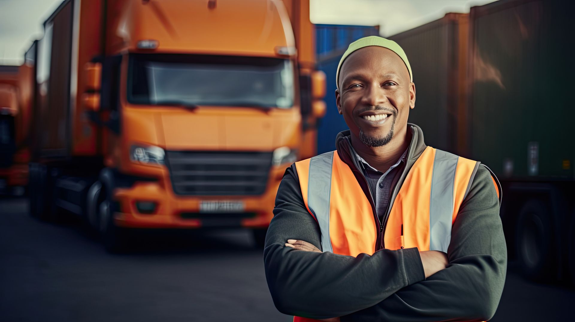 A man is standing in front of a truck with his arms crossed.