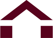A minimalist, maroon-colored icon of a house, featuring a triangular roof separated from two rectangular base pillars.