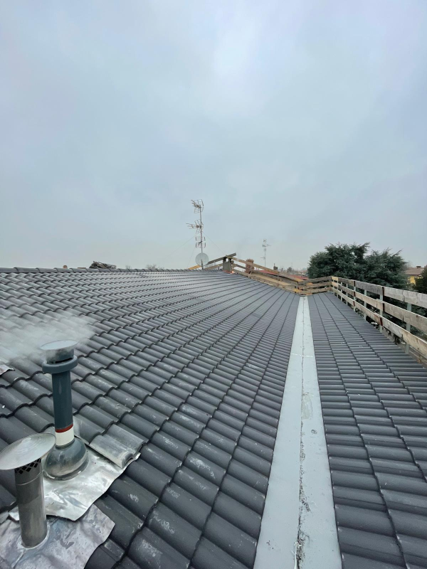 Tetto di tegole grigio scuro con una striscia bianca, antenna e recinzione contro un cielo nuvoloso.