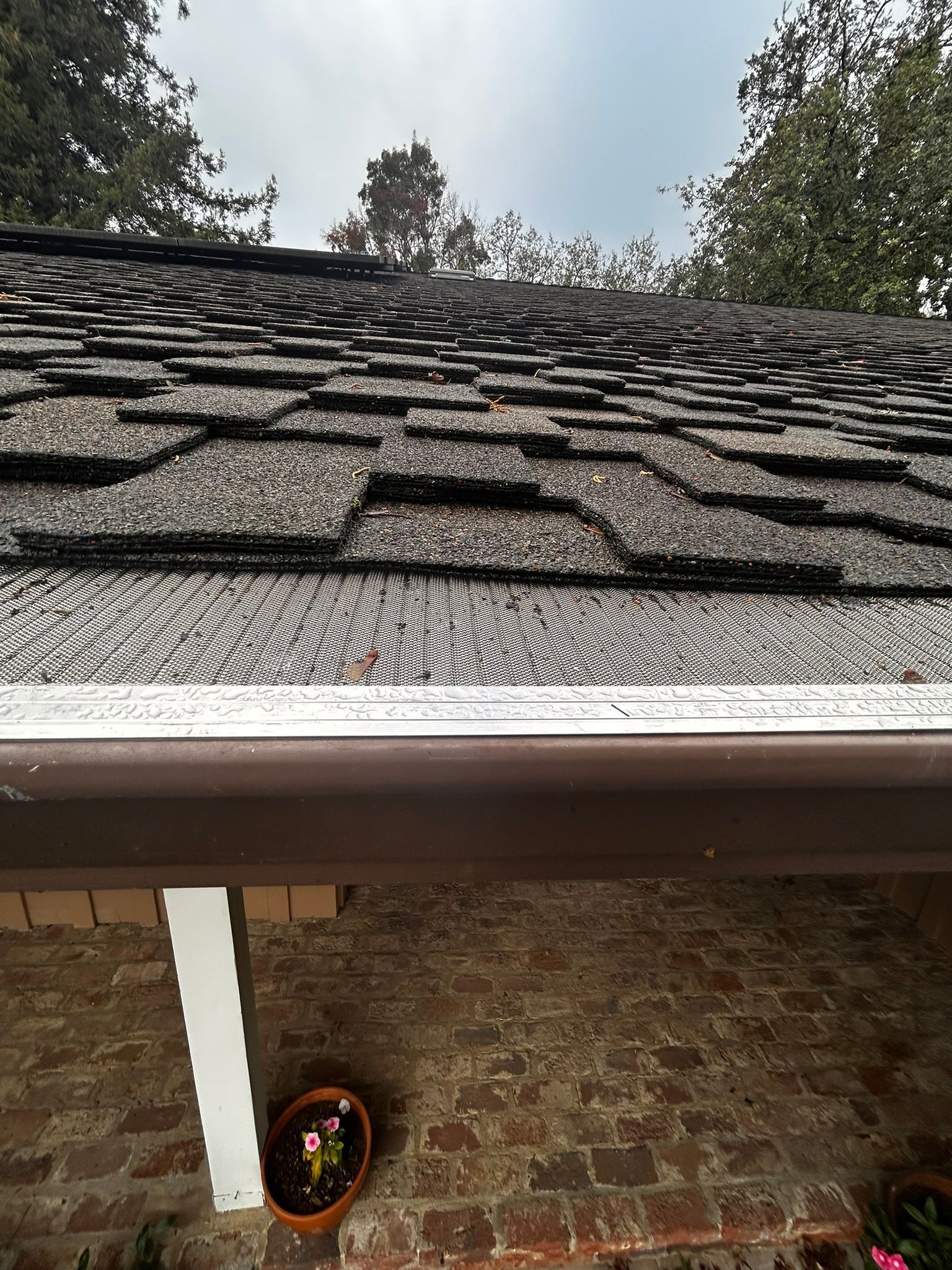 Brown roof with gray shingles and a brown gutter. A white support beam is visible.