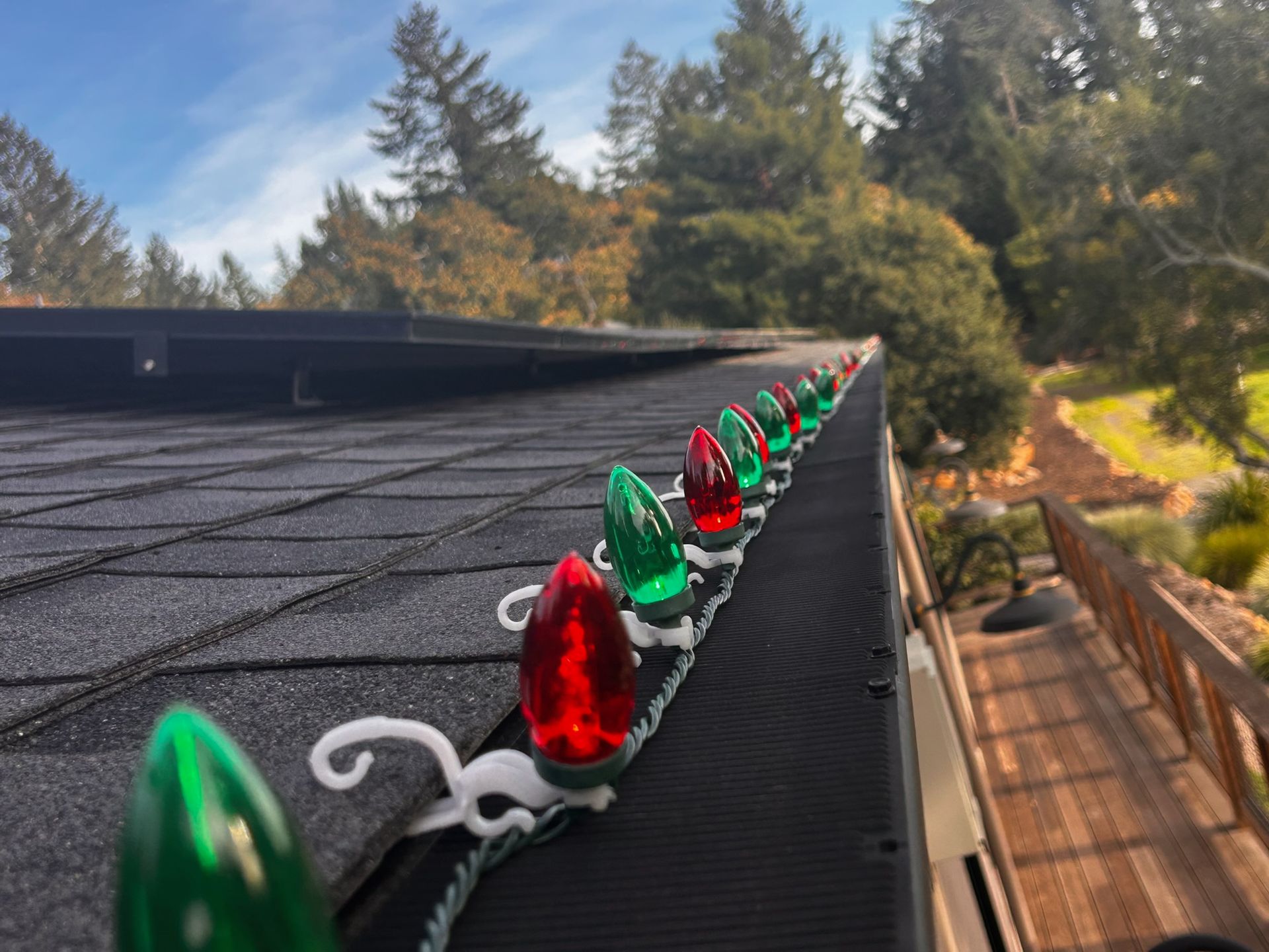 String of red and green Christmas lights attached to a black rooftop against a blurred forest background.
